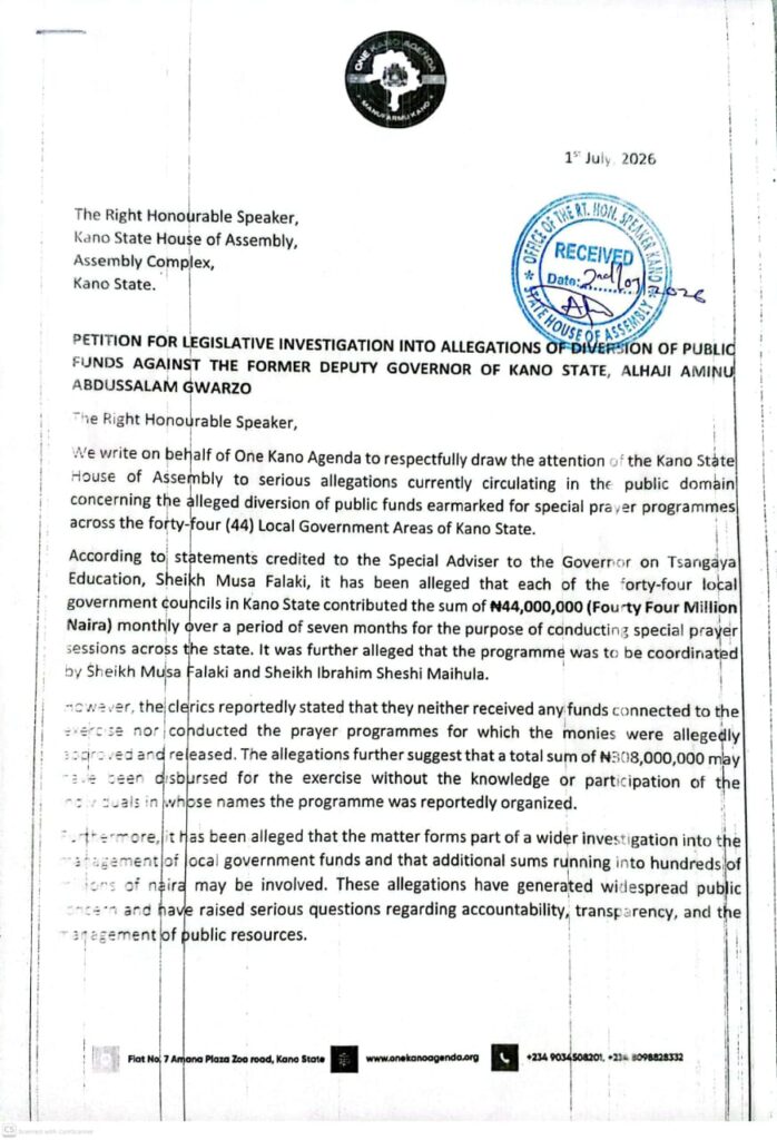 CSO Petitions Kano Assembly, Seeks Probe of Ex-Deputy Gov Gwarzo Over Alleged ₦308m Diversion IMG 20260702 WA0021